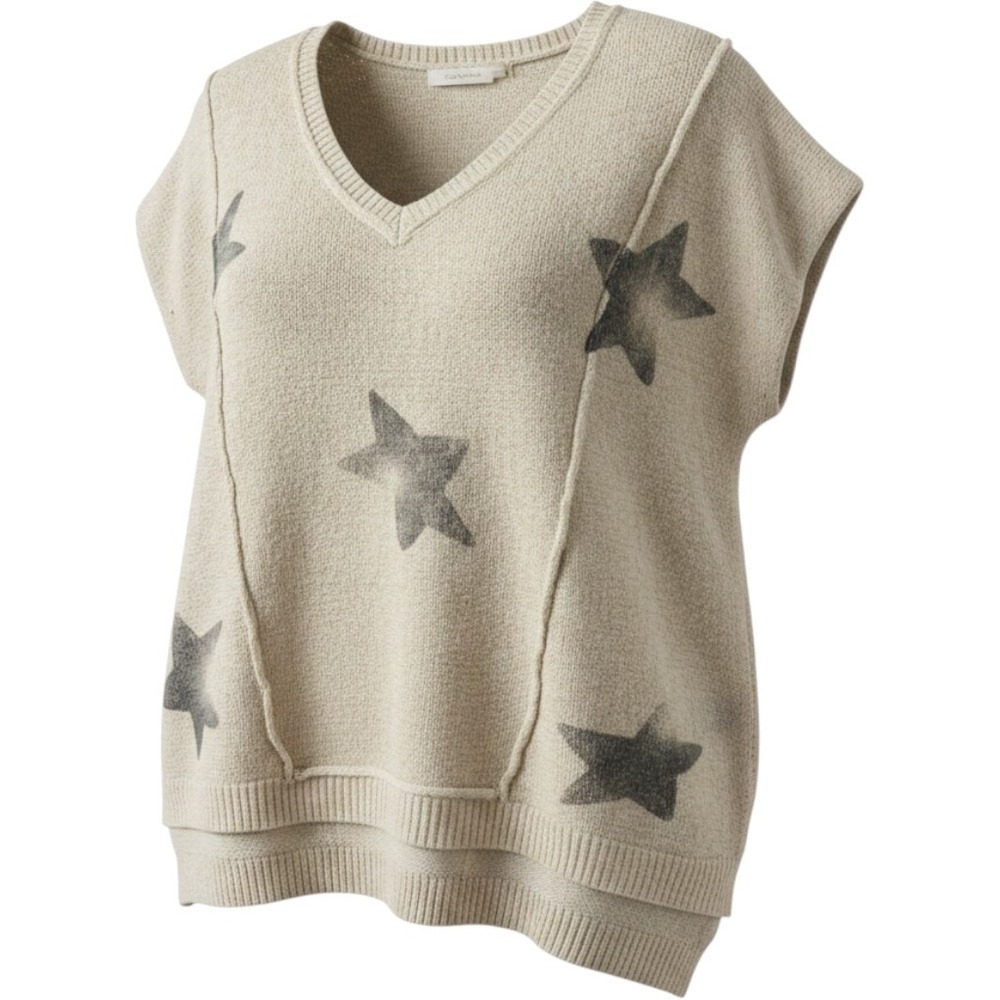 POL Star Print Knit Sweater Vest V-Neck Oatmeal Beige Boho Oversized Large